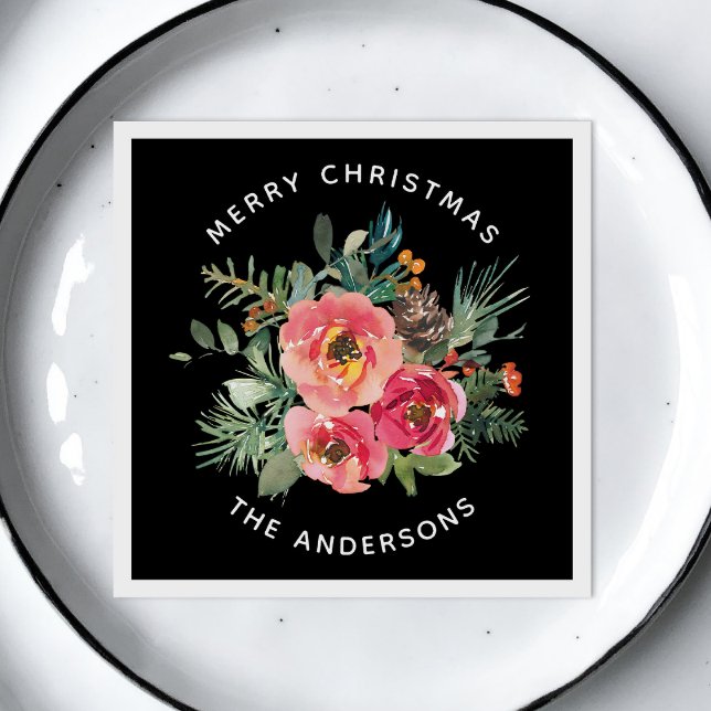 Svart Blommigt och Gräs. Mörk Festive Winter Pappersservett (Skapare uppladdad)