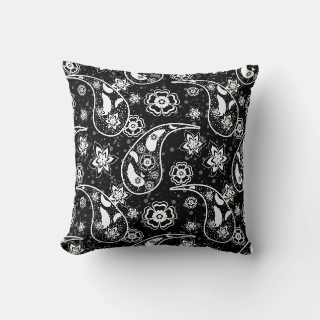 Svart Blommigt Paisley Illustration Mönster Design Kudde (Framsida)
