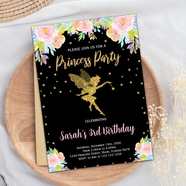 Svart Blommigt Princess Birthday bjudande Inbjudningar (3rd Black Floral Princess Birthday Invitation)