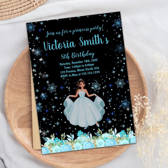 Svart Blommigt Princess Birthday-inbjudan Inbjudningar (Black Floral Princess Birthday Invitations)