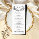 Svart blommigt ram med bröllop-menykort i monogram reklamkort<br><div class="desc">Svartvit blommigt ram med bröllop-menykort i monogram. Lägg till lite elegans i din bröllopsmottagning med det här anpassade monogrammade menykortet, som är utformat för att markera både ditt personliga stil och det löstagbara cuisineet av evenemanget. Framsidan har en sofistikerad svart blommigt ram i vintage stil, som på ett skickligt sätt...</div>
