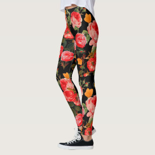Svart Blommigt röd ros OCH GULT BUTTERFLIES Leggings