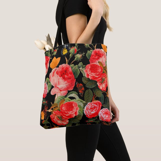 Svart Blommigt röd ros OCH GULT BUTTERFLIES Tygkasse (Närbild)