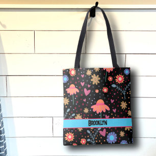 Svart Blommigt Roligt Boho Inspiritivity Tote Bag Tygkasse