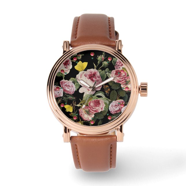 Svart Blommigt rosa ros OCH GULT BUTTERFLIES Armbandsur (Framsida)