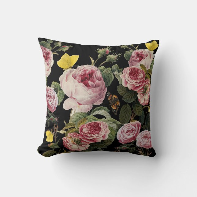Svart Blommigt rosa ros OCH GULT BUTTERFLIES Kudde (Framsida)