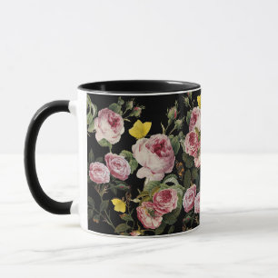 Svart Blommigt rosa ros OCH GULT BUTTERFLIES Mugg