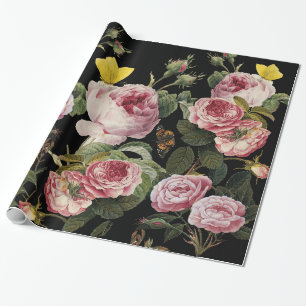 Svart Blommigt rosa ros OCH GULT BUTTERFLIES Presentpapper
