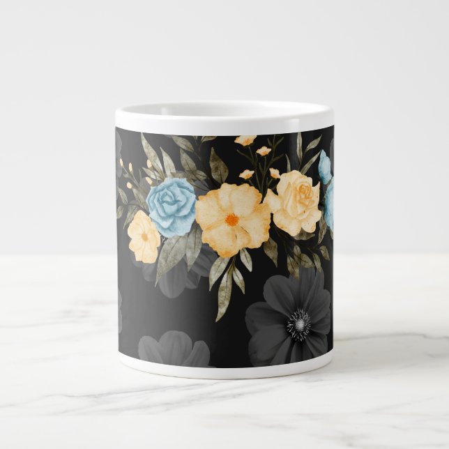 Svart Blommigt Specialty Mugg - Elegant och unik Jumbo Mugg (Framsidan)