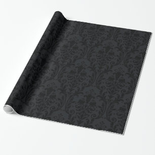 Svart Blommigt Swirl Damask Presentpapper