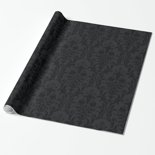 Svart Blommigt Swirl Damask Presentpapper (Utrullad)