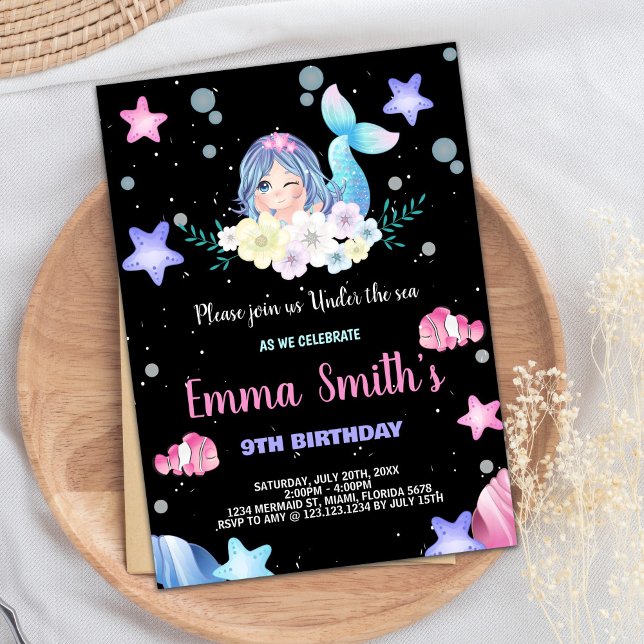 Svart Blommigt under inbjudan till Sjöjungfru till (Black Floral Under the sea Mermaid Invitations)
