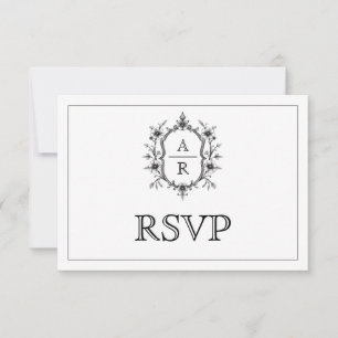 Svart blommigt vapensköld monogram QR-kod bröllop OSA Kort