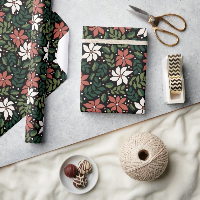 Svart Blommigt Wildblomma Julaftonsvällning Papper Presentpapper (Hantverk)