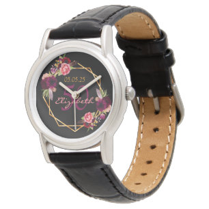 Svart blommigtar, geometrisk burgundi armbandsur