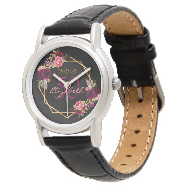 Svart blommigtar, geometrisk burgundi armbandsur (Vinklad)