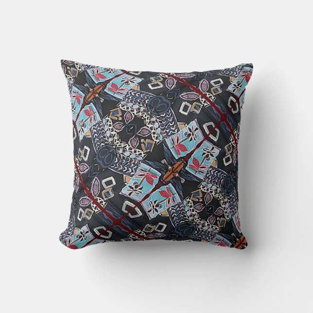 Svart blommigtens geometriska mönster vacker kudde (Framsida)