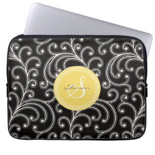 Svart blommönstermonogram för elegant flickaktig laptop fodral
