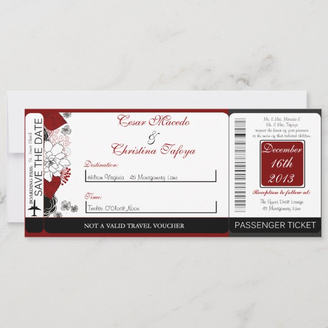 Svart blommor Red Boarding Pass Wedding bjudande Inbjudningar (Framsida)