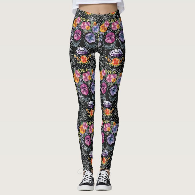 Svart blomning - Mode Leggings (Framsida)