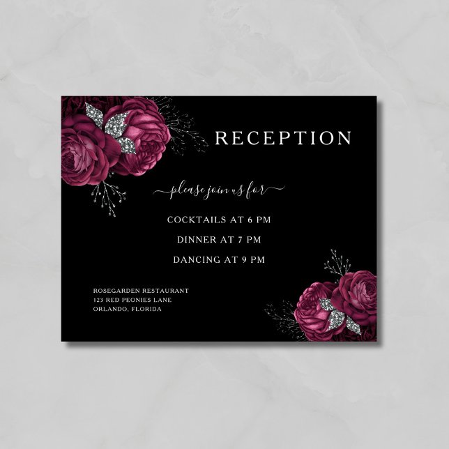 Svart blomster burgunderfärgade peonior bröllopsmo tilläggskort (Black Floral Burgundy Peonies Wedding Reception Enclosure Card)