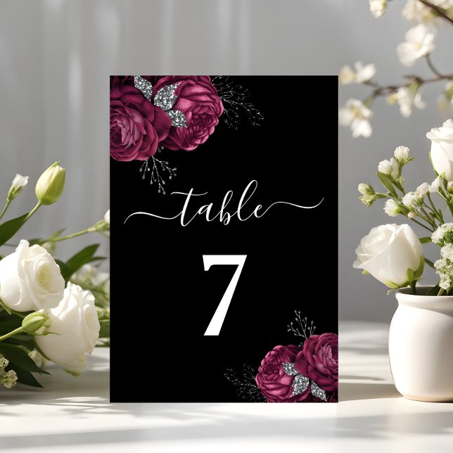 Svart blomster burgunderfärgade pioner bröllopsbor bordsnummer (Black Floral Burgundy Peonies Wedding Table Number)