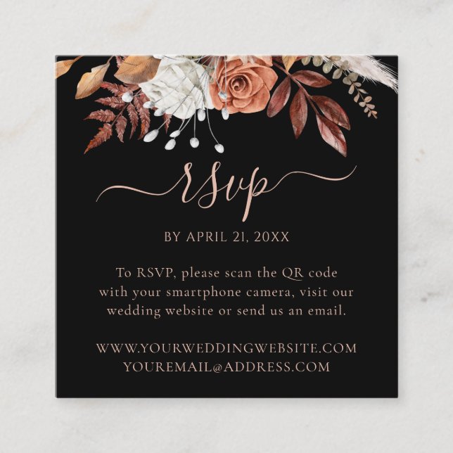 Svart blomster höst bröllopswebbplats QR-kod RSVP Tilläggskort (Framsida)