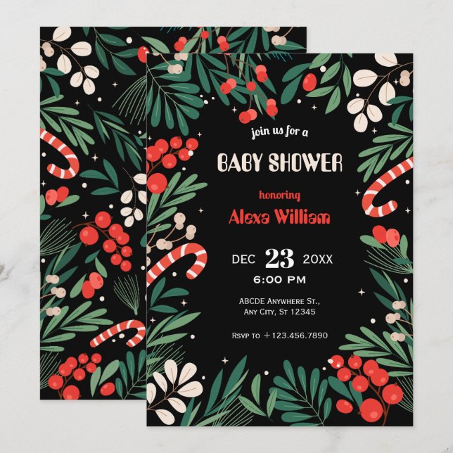 Svart blomster jul baby shower inbjudningar (Fram/baksida)