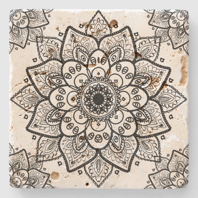 Svart blomster-mandala på vit bakgrund stenunderlägg (Framsidan)