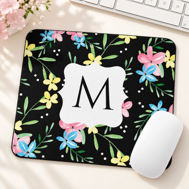 Svart blomster monogram musmatta (Skapare uppladdad)