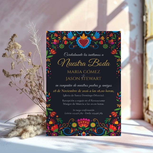Svart blomster Otomi färgrik fiesta spansk bröllop Inbjudningar (Black Floral Otomi Colorful Fiesta Spanish Wedding Invitation)