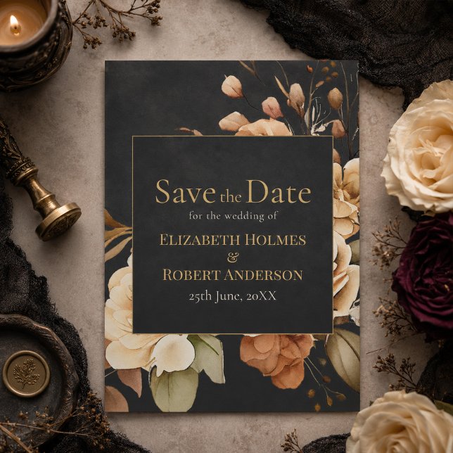 Svart blomster-spara-datum för skogshexa spara datumet (Forest Witch Black Floral Save the Date)