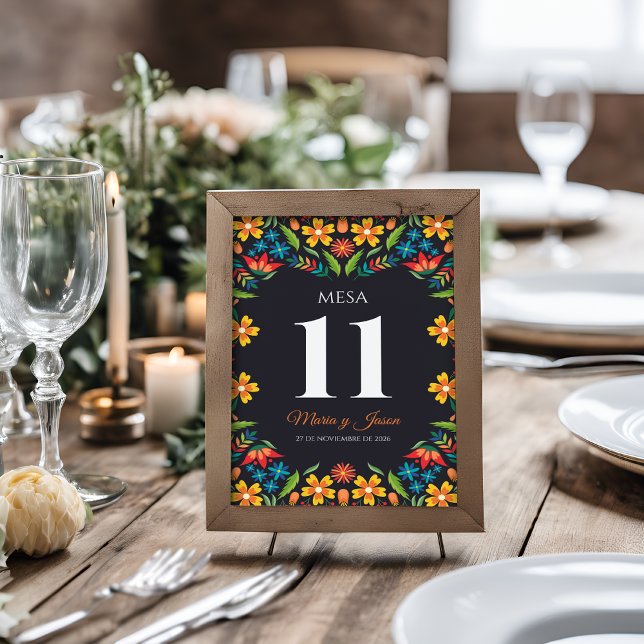 Svart blomsterfärgat botaniskt spanskt bröllop bordsnummer (Black Floral Colorful Botanical Spanish Wedding Table Number)