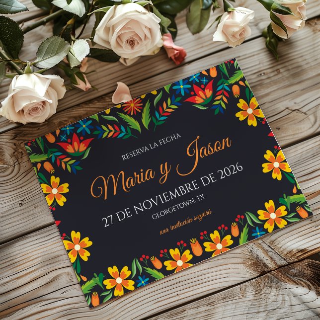 Svart blomsterfärgat botaniskt spanskt bröllop spara datumet (Black Floral Colorful Botanical Spanish Wedding Save The Date)