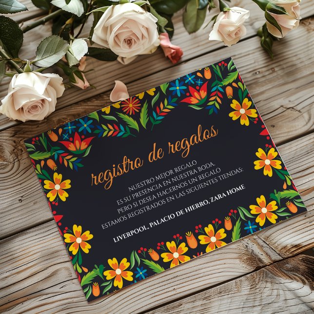 Svart blomsterfärgat botaniskt spanskt bröllop tilläggskort (Black Floral Colorful Botanical Spanish Wedding Enclosure Card)
