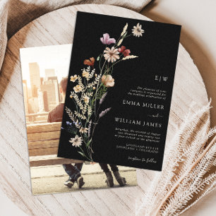 Svart blomsterfotografi bröllopsinbjudan inbjudningar