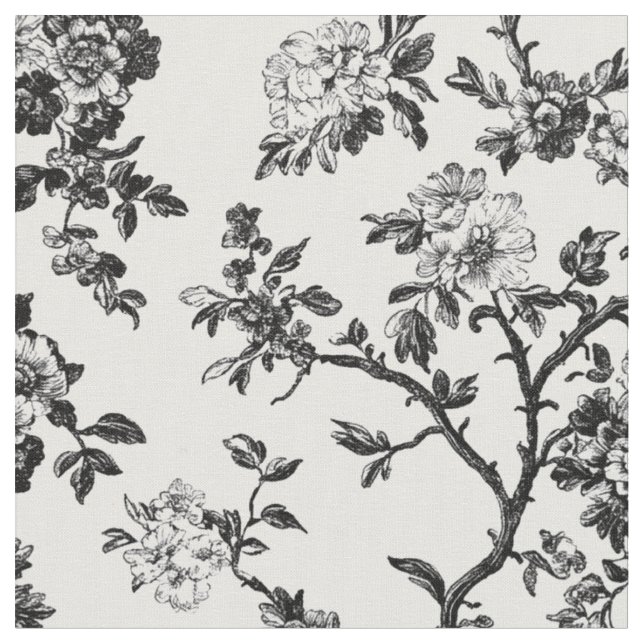 Svart blomstergren Toile-mönster Tyg (Närbild)
