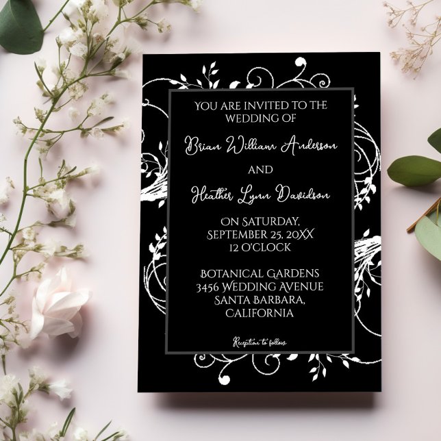Svart blomsterinbjudan inbjudningar (Black Flourish Wedding Invitation)