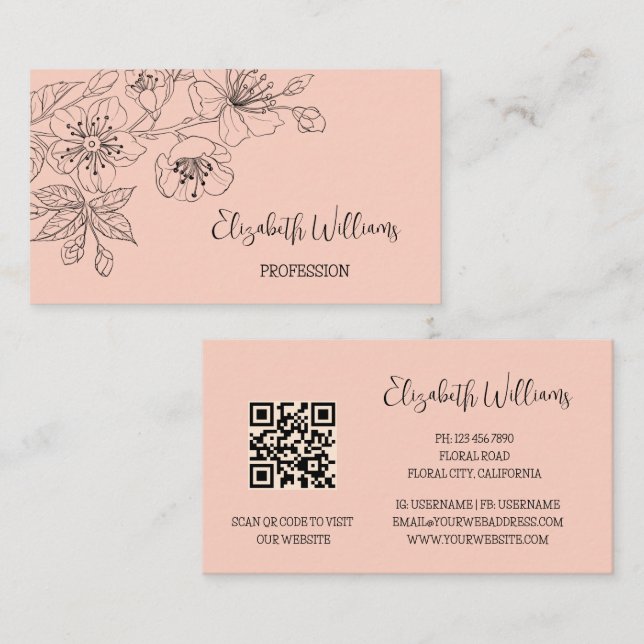 Svart blomsterlinjekonst Botanisk QR-kod Visitkort (Fram/baksida)