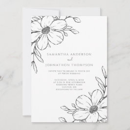 Svart blomsterlinjeteckning bröllopsinbjudan inbjudningar