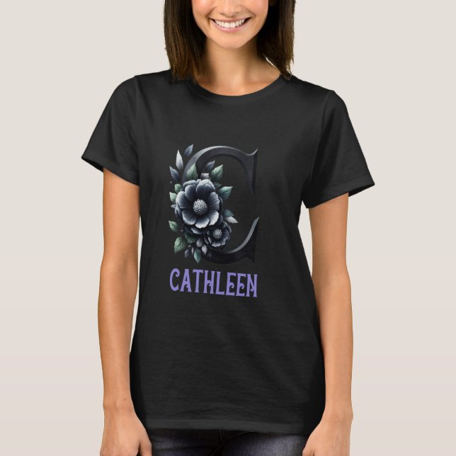 Svart blomstermönster bokstav Cathleen Alfabetet f T Shirt (Framsida)