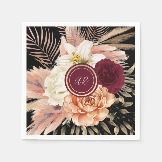 Svart blomstermönster med monogram bröllop pappersservett (Framsidan)