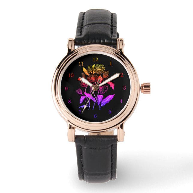 Svart blomstermönstrad damklocka armbandsur (Framsida)