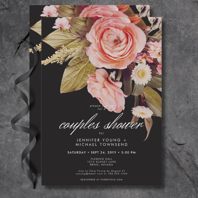 Svart  blooms för Moody Rosa, Par Shower Inbjudningar (Black Moody Pink Blush Blooms Couples Shower Invitation)