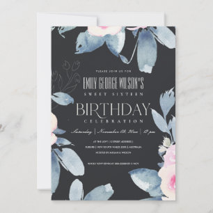 SVART BLUE BLOMMIGT SVEET 16 ÅR BIRTHDAY INBJUDNINGAR