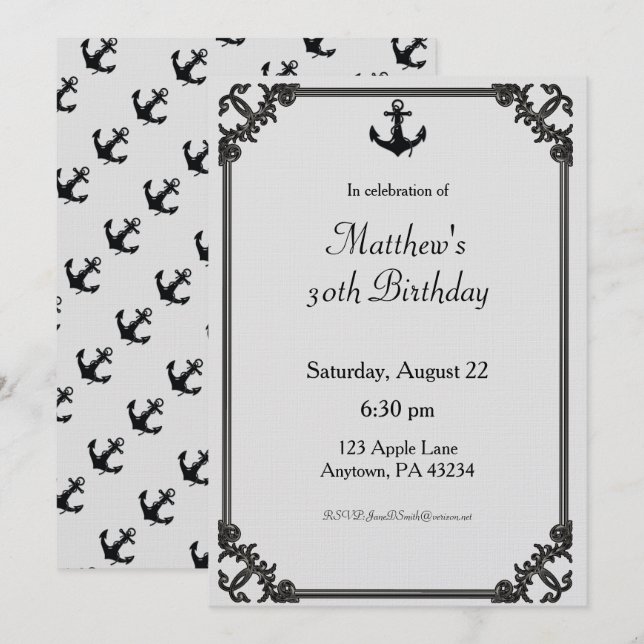 Svart boat Anchor Anpassningsbar Birthday-inbjudan Inbjudningar (Fram/baksida)