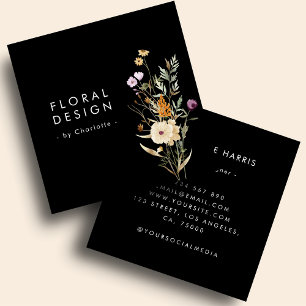 Svart Boho Akvarell Vildblomma Blommig Designer Fyrkantigt Visitkort