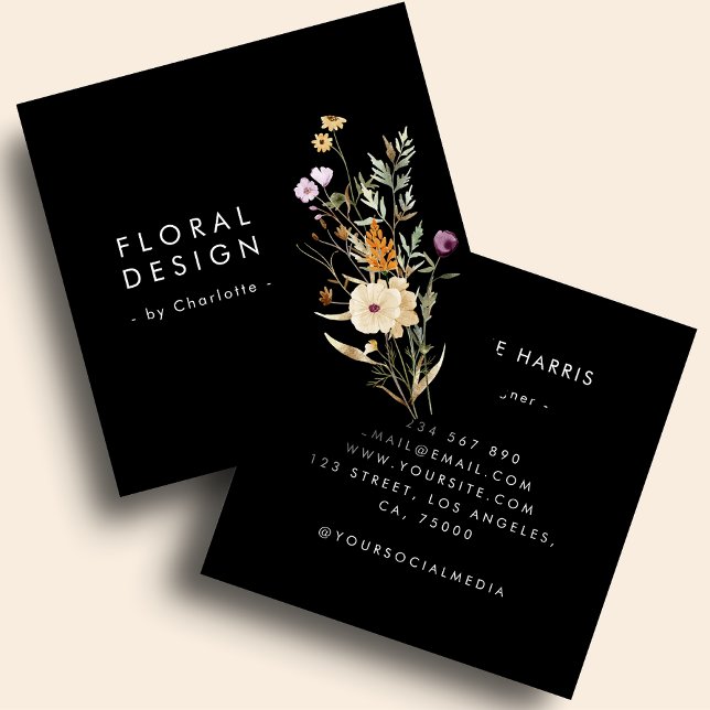 Svart Boho Akvarell Vildblomma Blommig Designer   Fyrkantigt Visitkort (Skapare uppladdad)