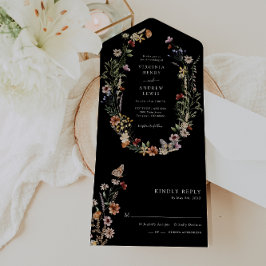 Svart Boho Blommig Allt-i-ett Bröllopsinbjudan