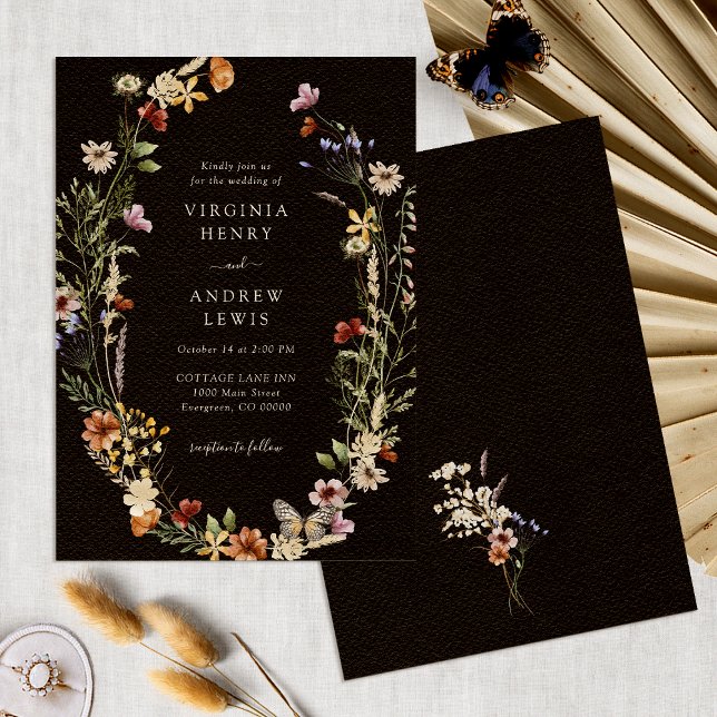 Svart Boho Blommig Bröllop Inbjudningar (Black Boho Watercolor Floral Wedding Invitation by Painted Paperie
)